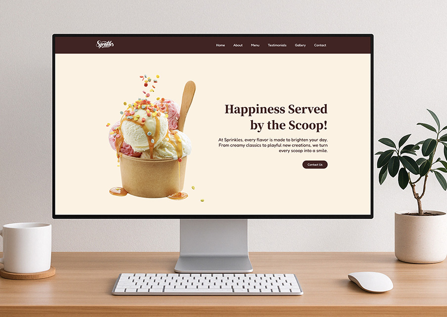 Desktop mockup showcasing the ‘Sprinkles’ ice cream website hero section with product imagery, branding, and call-to-action layout.